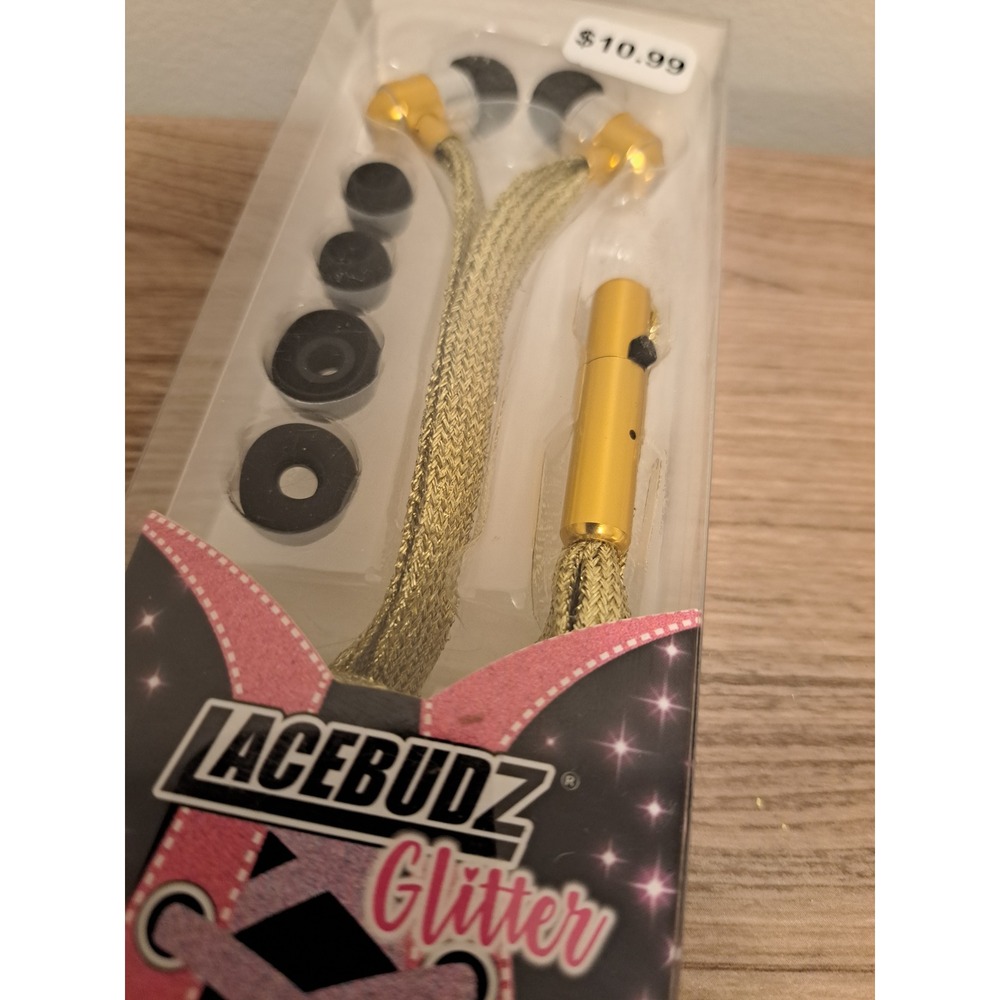 Lacebudz Glitter Earbuds Hands Free Mic Gold Sparkle Wired Headphones LOT OF 2!